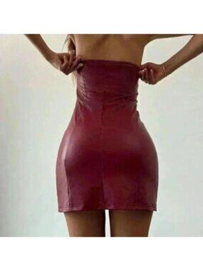 Burgundy Sexy Women's Pu Tube Top Tight Ultra-Short Women Dress